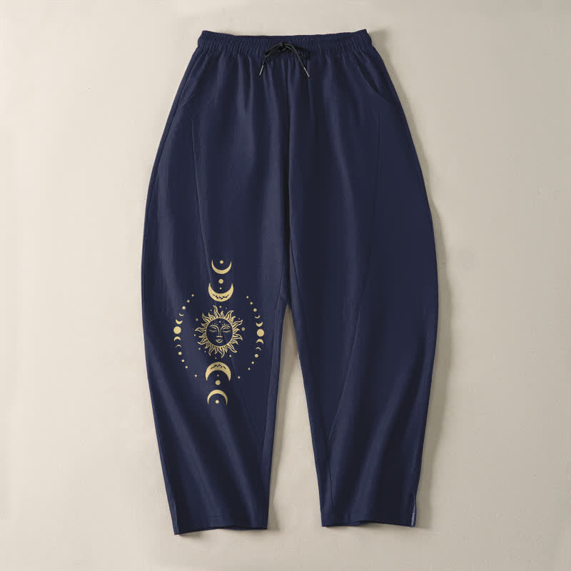 Buddha Stones Herrenhose aus reiner Baumwolle mit himmlischem Sonne- und Mondmuster, Kordelzug, schmal zulaufendem Bein und Taschen - image 9