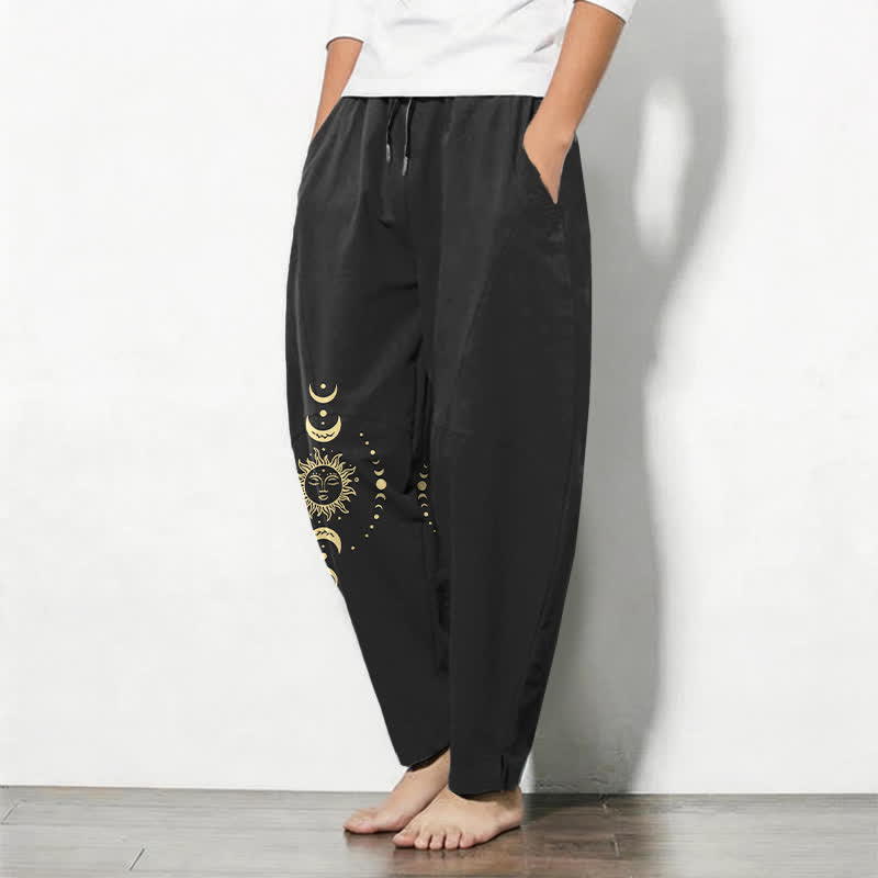 Buddha Stones Herrenhose aus reiner Baumwolle mit himmlischem Sonne- und Mondmuster, Kordelzug, schmal zulaufendem Bein und Taschen - image 12