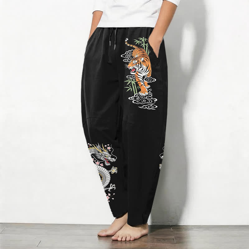 Buddha Stones Herrenhose aus reiner Baumwolle mit Tiger- und Drachenmuster, Kordelzug, schmal zulaufendem Schnitt und Taschen - image 1
