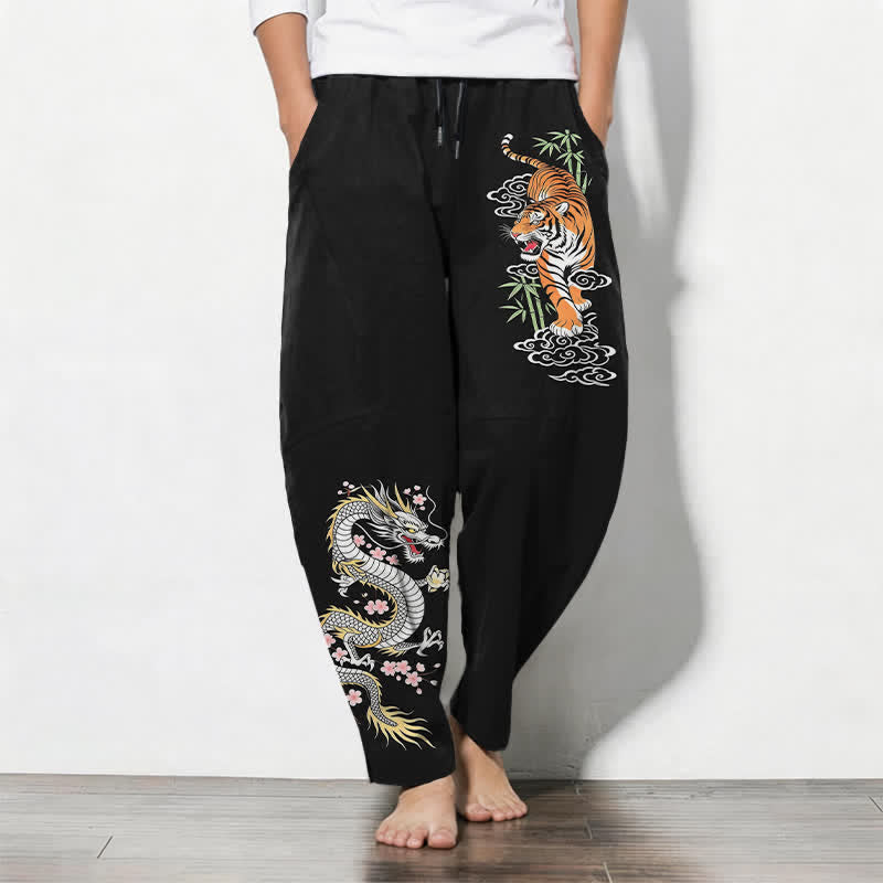 Buddha Stones Herrenhose aus reiner Baumwolle mit Tiger- und Drachenmuster, Kordelzug, schmal zulaufendem Schnitt und Taschen - Schwarz - US/UK/AU50, EU60 (5XL) - image 0
