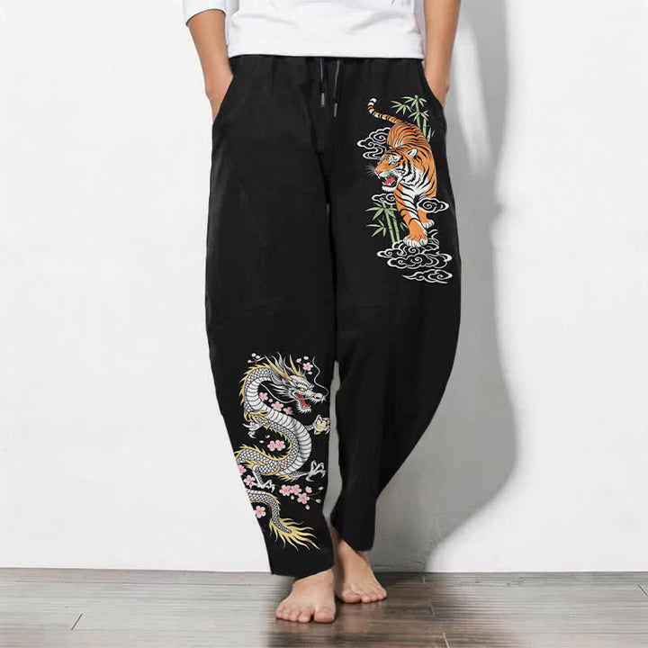 Buddha Stones Herrenhose aus reiner Baumwolle mit Tiger- und Drachenmuster, Kordelzug, schmal zulaufendem Schnitt und Taschen - Schwarz - US/UK/AU50, EU60 (5XL) - image 0