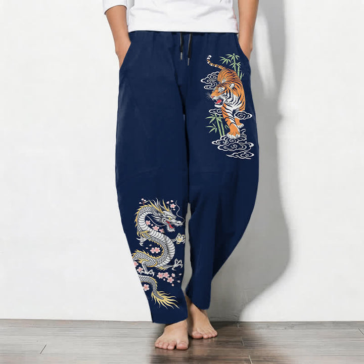 Buddha Stones Herrenhose aus reiner Baumwolle mit Tiger- und Drachenmuster, Kordelzug, schmal zulaufendem Schnitt und Taschen - Marine - US/UK/AU50, EU60 (5XL) - image 7