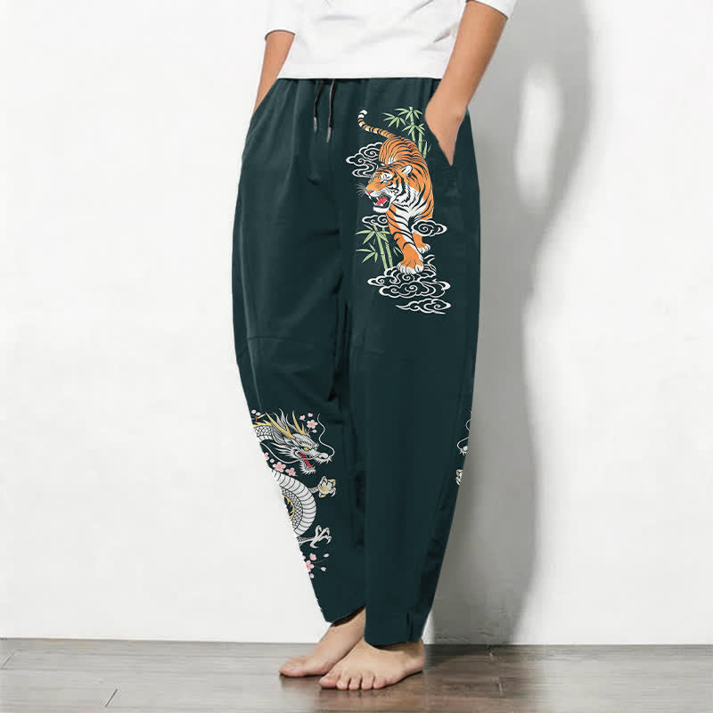 Buddha Stones Herrenhose aus reiner Baumwolle mit Tiger- und Drachenmuster, Kordelzug, schmal zulaufendem Schnitt und Taschen - image 12
