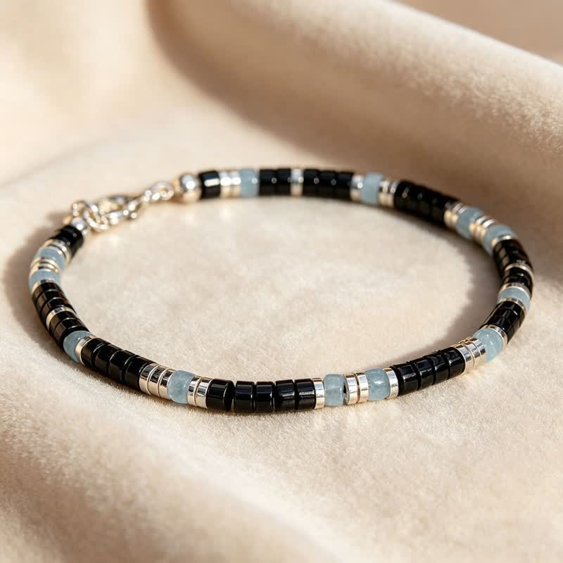 Buddha Stones Schwarzes Onyx- und blaues Chalcedon-Schutz-Stretch-Perlenarmband - image 1