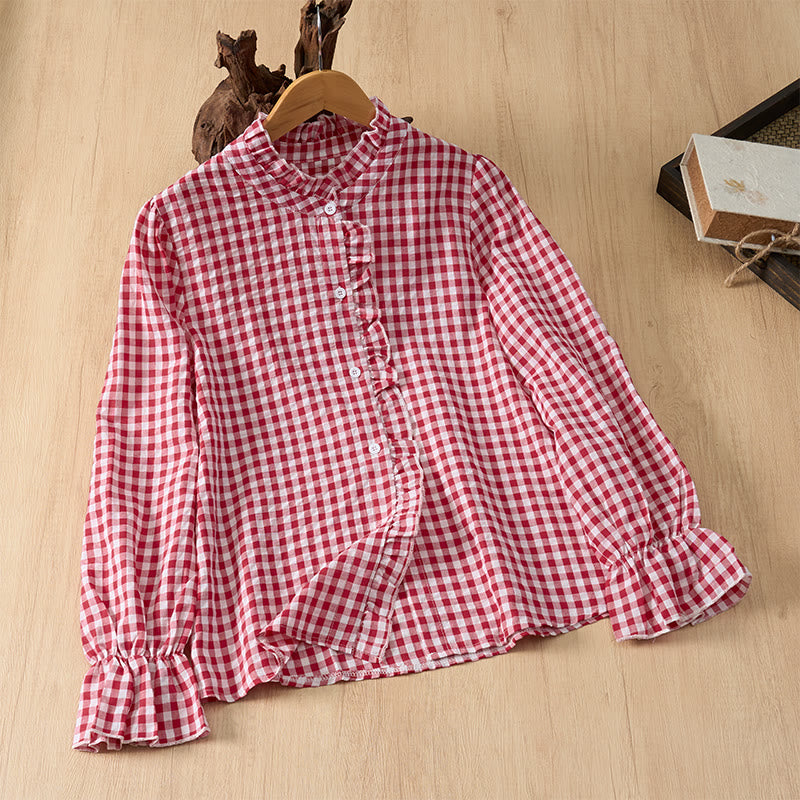 Buddha Stones Frühling/Sommer Vintage Casual Button-Up Karo Langarmhemden für Damen - Purpurrot - US8-10, UK/AU12-14, EU40-42 (2XL) - image 0