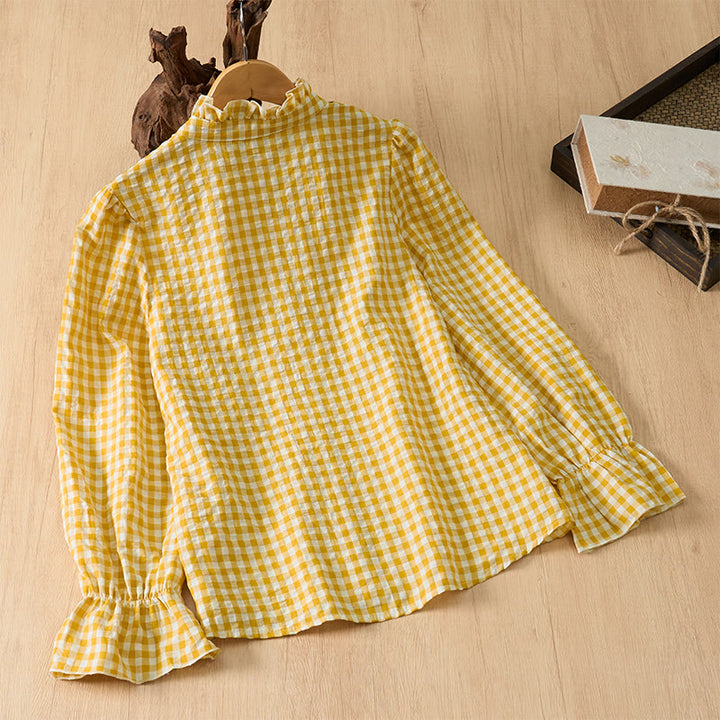 Buddha Stones Frühling/Sommer Vintage Casual Button-Up Karo Langarmhemden für Damen - image 9