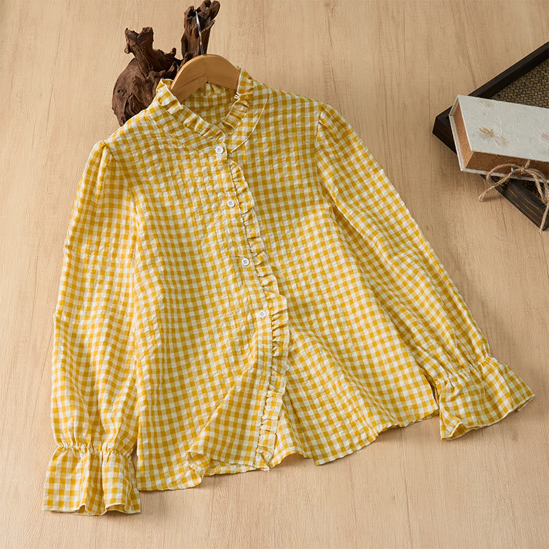 Buddha Stones Frühling/Sommer Vintage Casual Button-Up Karo Langarmhemden für Damen - Gold - US8-10, UK/AU12-14, EU40-42 (2XL) - image 8