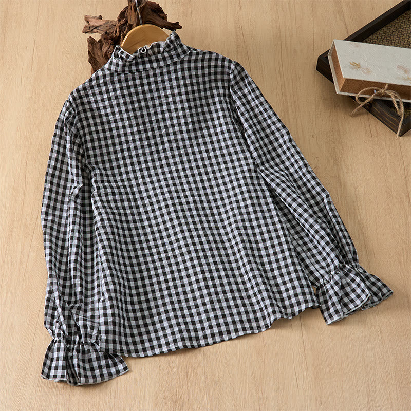 Buddha Stones Frühling/Sommer Vintage Casual Button-Up Karo Langarmhemden für Damen - image 21