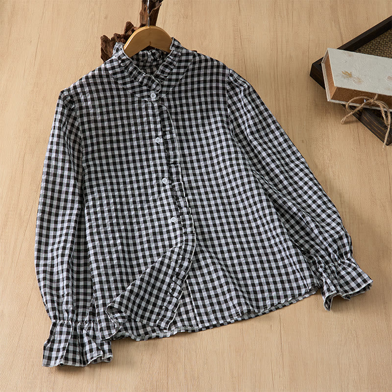 Buddha Stones Frühling/Sommer Vintage Casual Button-Up Karo Langarmhemden für Damen - image 20