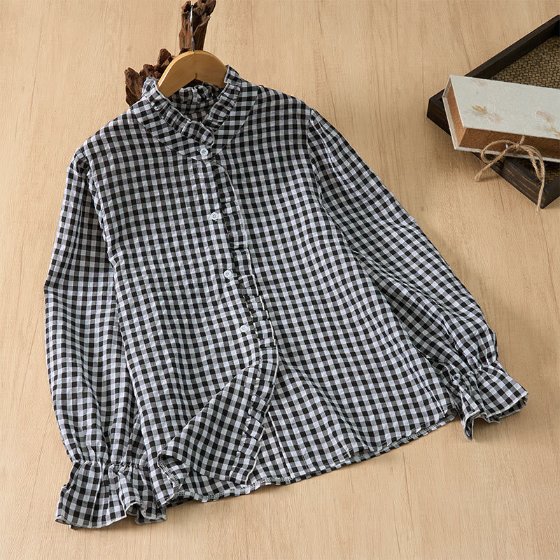Buddha Stones Frühling/Sommer Vintage Casual Button-Up Karo Langarmhemden für Damen - Schwarz - US8-10, UK/AU12-14, EU40-42 (2XL) - image 19