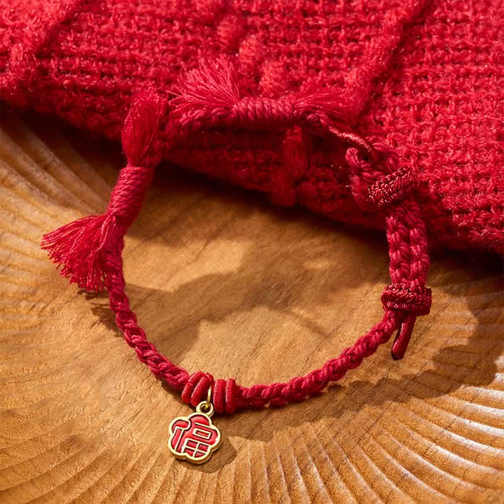 Buddha Stones Rotes Armband mit Fu-Zeichen und Blumensegen - Dunkelrote Schnur - image 0