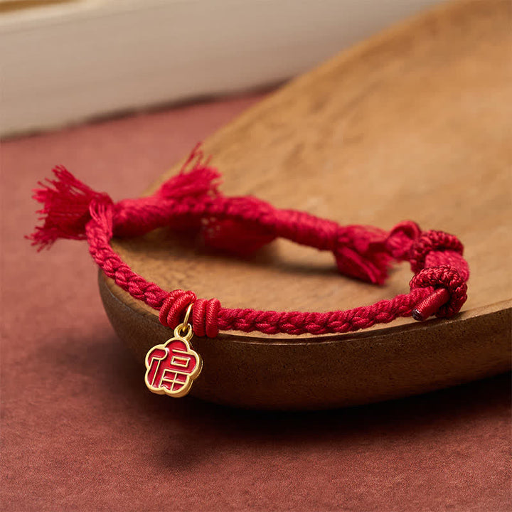 Buddha Stones Rotes Armband mit Fu-Zeichen und Blumensegen - image 2