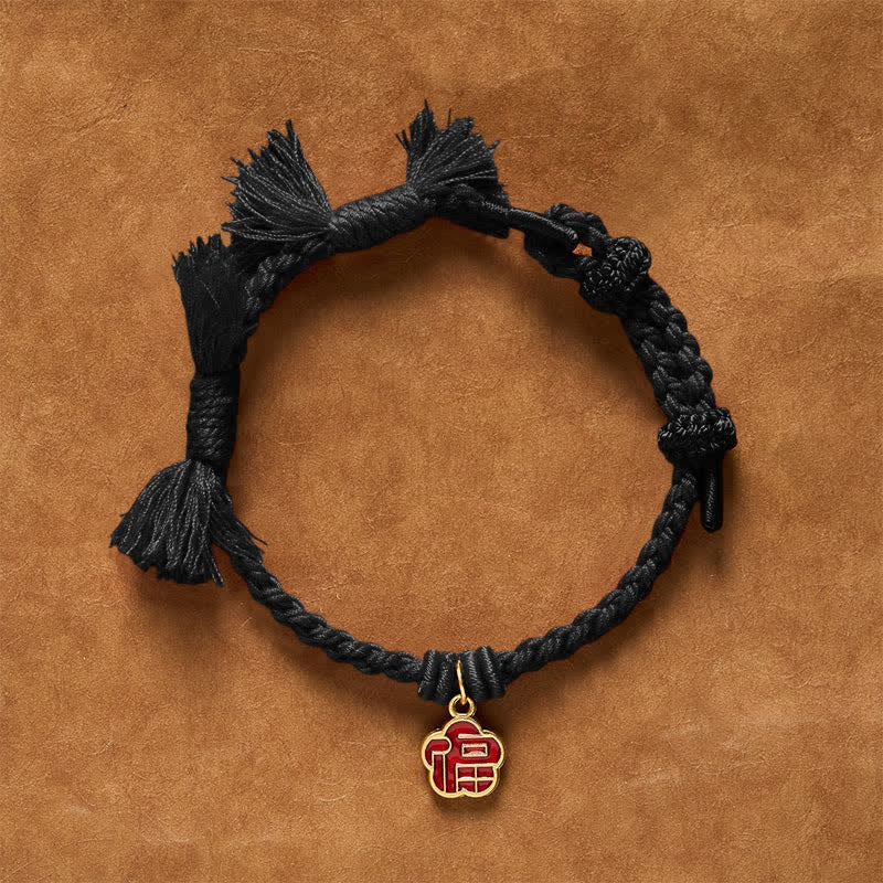 Buddha Stones Rotes Armband mit Fu-Zeichen und Blumensegen - Schwarze Schnur - image 10