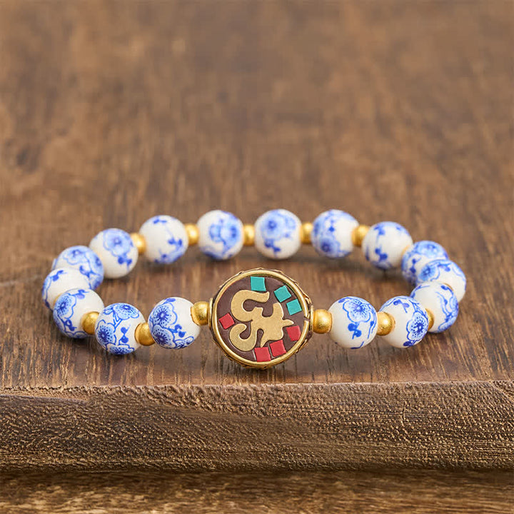 Buddha Stones Armband aus blau-weißem Porzellan und Kupfer mit OM-Gliedern der Bar. - OM (Achtsamkeit ♥ Verbindung) - image 0
