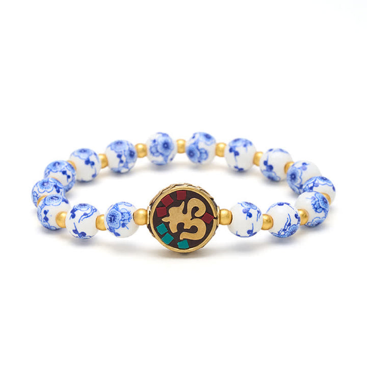 Buddha Stones Armband aus blau-weißem Porzellan und Kupfer mit OM-Gliedern der Bar. - image 9