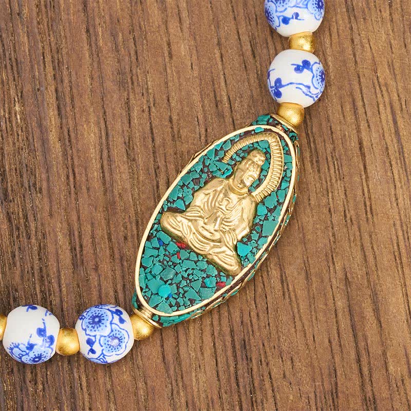 Buddha Stones Armband mit Buddha-Motiv aus weißem Porzellan, blauen floralen Perlen und runden Perlen - image 3