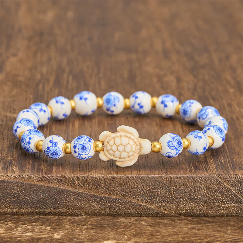 Buddha Stones Armband aus blau-weißem Porzellan mit Schildkrötenmotiv – Symbol für Reinheit und Langlebigkeit - image 2