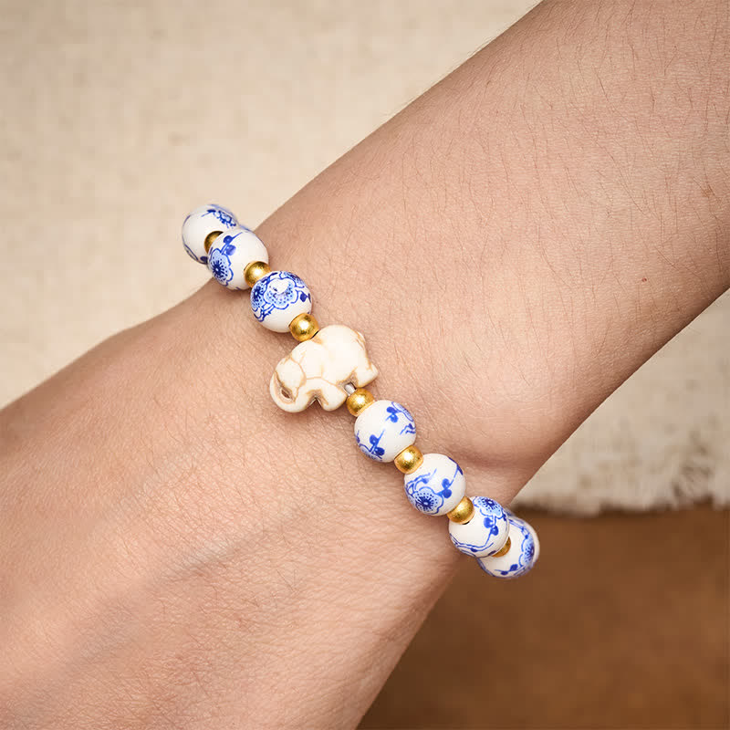 Buddha Stones Armband aus weißem Porzellan mit Elefanten- und Blumenmuster, runden Perlen - image 4