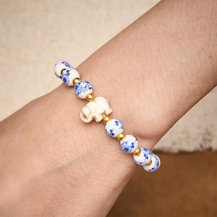 Buddha Stones Armband aus weißem Porzellan mit Elefanten- und Blumenmuster, runden Perlen - image 4