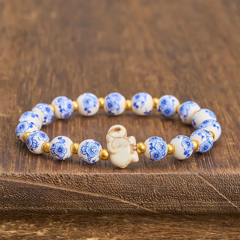 Buddha Stones Armband aus weißem Porzellan mit Elefanten- und Blumenmuster, runden Perlen - image 2