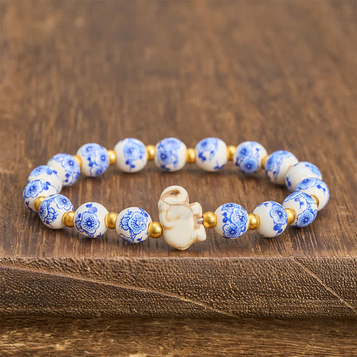 Buddha Stones Armband aus weißem Porzellan mit Elefanten- und Blumenmuster, runden Perlen - image 2