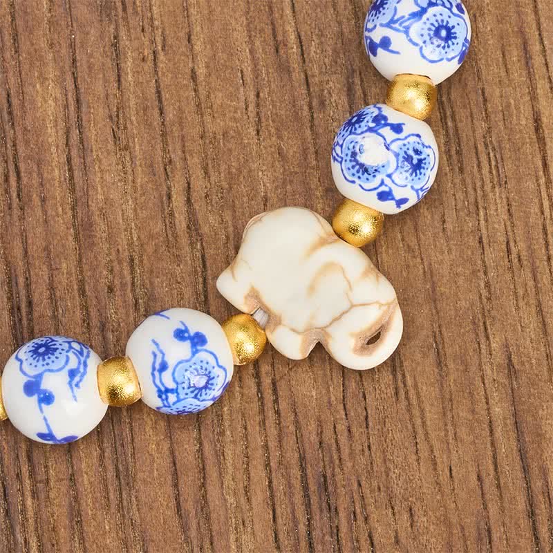 Buddha Stones Armband aus weißem Porzellan mit Elefanten- und Blumenmuster, runden Perlen - image 8