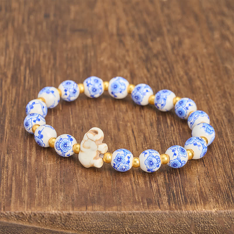 Buddha Stones Armband aus weißem Porzellan mit Elefanten- und Blumenmuster, runden Perlen - image 3