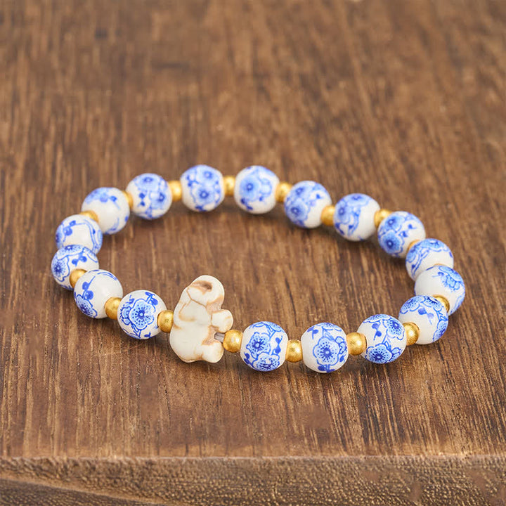 Buddha Stones Armband aus weißem Porzellan mit Elefanten- und Blumenmuster, runden Perlen - image 3
