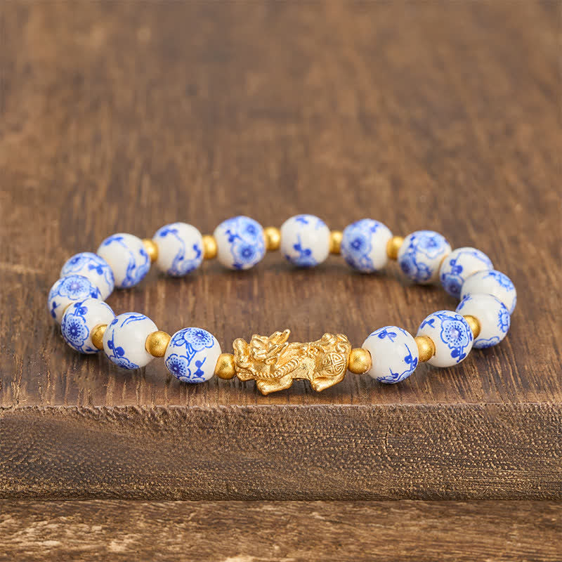Buddha Stones Weißes Porzellan-PiXiu-Armband mit blauen Blumenperlen (Glücksbringer) - Weißes Porzellan (Reinheit ♥ Eleganz) - image 0