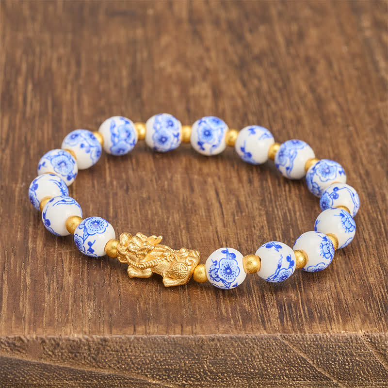Buddha Stones Weißes Porzellan-PiXiu-Armband mit blauen Blumenperlen (Glücksbringer) - image 2