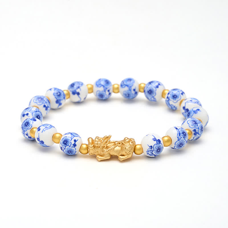 Buddha Stones Weißes Porzellan-PiXiu-Armband mit blauen Blumenperlen (Glücksbringer) - image 9