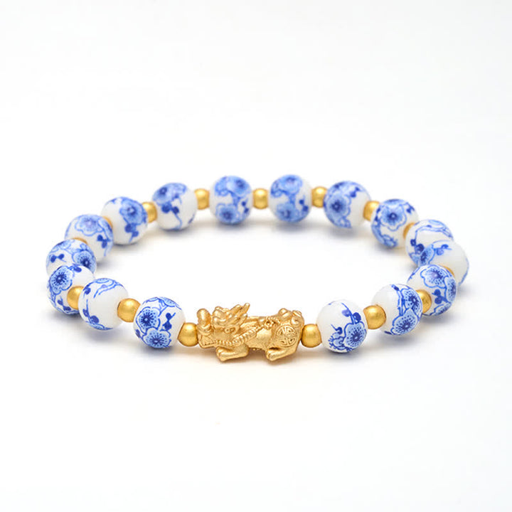 Buddha Stones Weißes Porzellan-PiXiu-Armband mit blauen Blumenperlen (Glücksbringer) - image 9