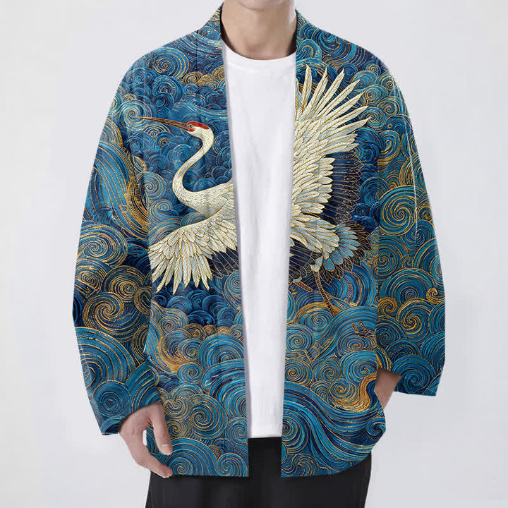Buddha Stones Kimono aus Baumwolle mit Kranich- und Wellenmuster, offener Vorderseite, für Herren - Königsblau - US/UK/AU48, EU58 (4XL) - image 0