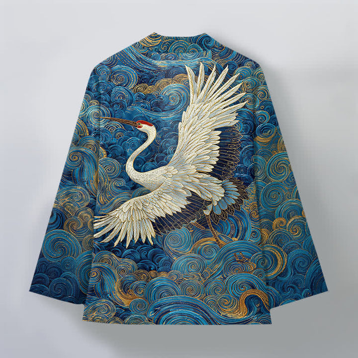 Buddha Stones Kimono aus Baumwolle mit Kranich- und Wellenmuster, offener Vorderseite, für Herren - image 2