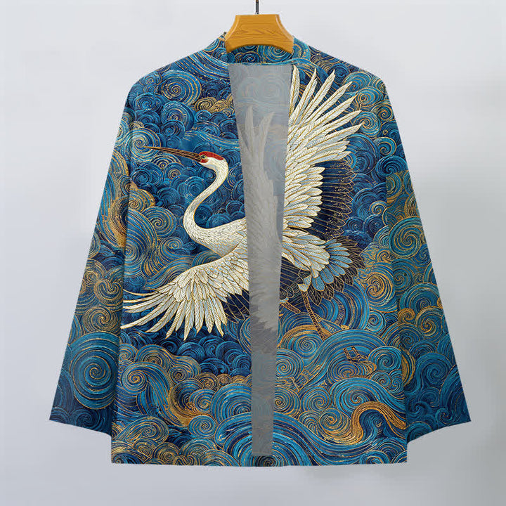 Buddha Stones Kimono aus Baumwolle mit Kranich- und Wellenmuster, offener Vorderseite, für Herren - image 1