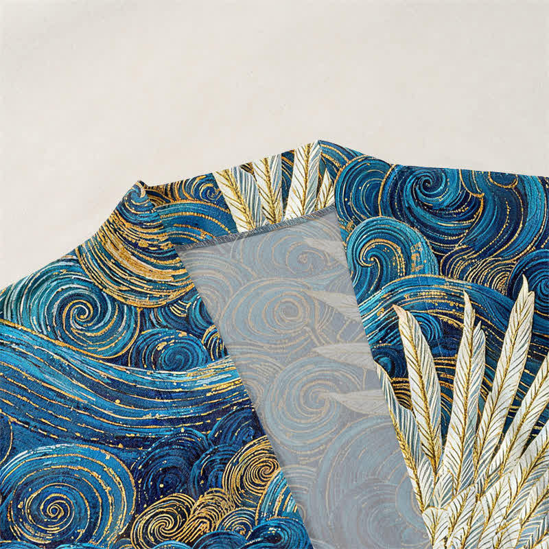Buddha Stones Kimono aus Baumwolle mit Kranich- und Wellenmuster, offener Vorderseite, für Herren - image 3