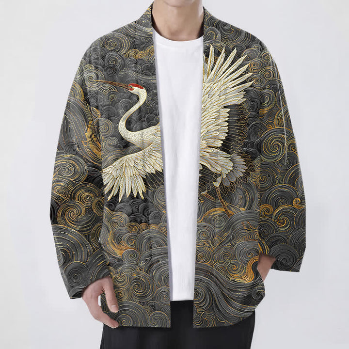 Buddha Stones Kimono aus Baumwolle mit Kranich- und Wellenmuster, offener Vorderseite, für Herren - Dunkelgrau - US/UK/AU48, EU58 (4XL) - image 6