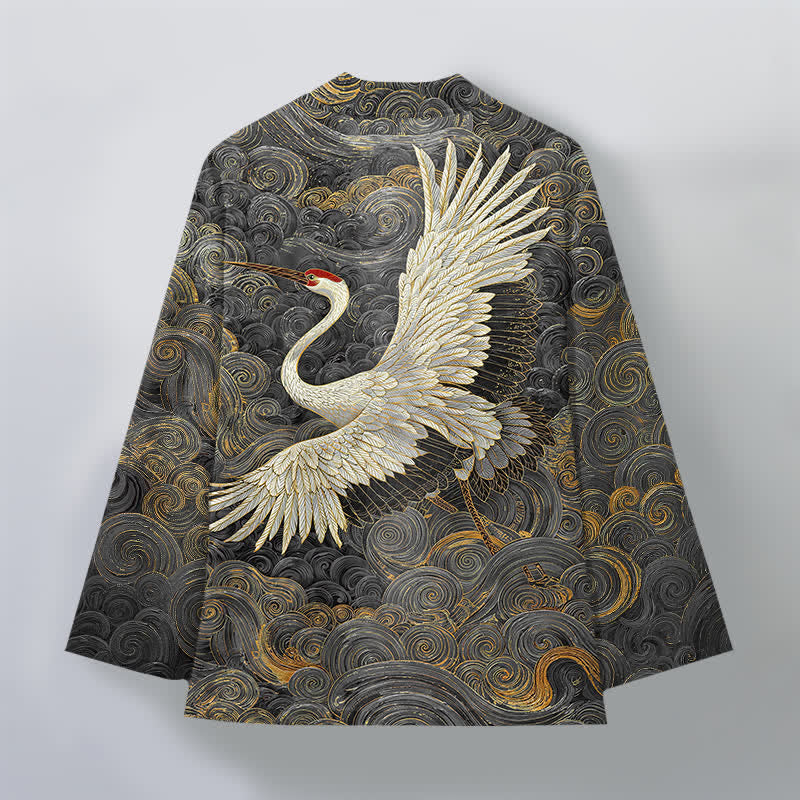 Buddha Stones Kimono aus Baumwolle mit Kranich- und Wellenmuster, offener Vorderseite, für Herren - image 8