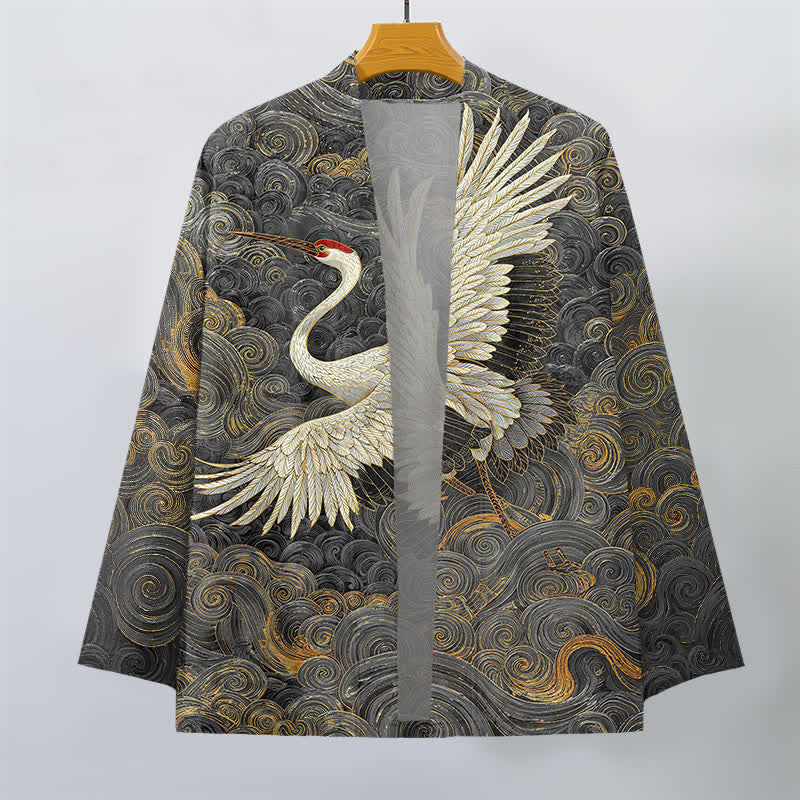 Buddha Stones Kimono aus Baumwolle mit Kranich- und Wellenmuster, offener Vorderseite, für Herren - image 7