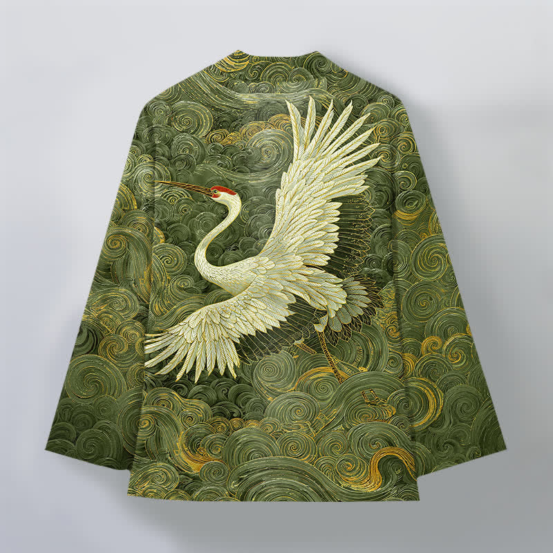 Buddha Stones Kimono aus Baumwolle mit Kranich- und Wellenmuster, offener Vorderseite, für Herren - image 11