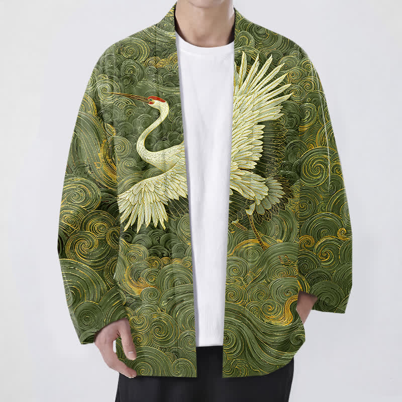 Buddha Stones Kimono aus Baumwolle mit Kranich- und Wellenmuster, offener Vorderseite, für Herren - Olivgrün - US/UK/AU48, EU58 (4XL) - image 9