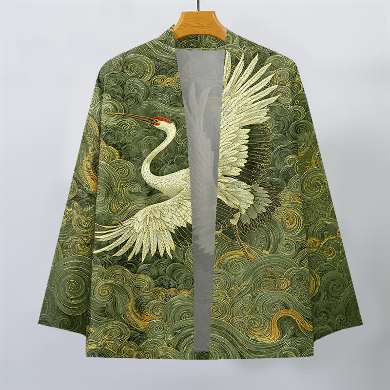 Buddha Stones Kimono aus Baumwolle mit Kranich- und Wellenmuster, offener Vorderseite, für Herren - image 10