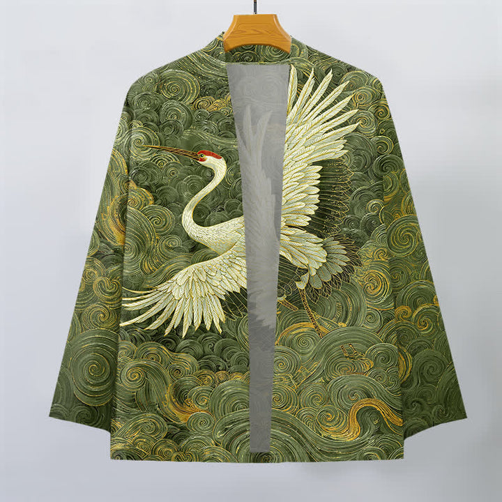 Buddha Stones Kimono aus Baumwolle mit Kranich- und Wellenmuster, offener Vorderseite, für Herren - image 10