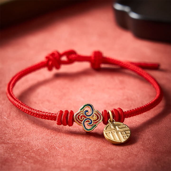 Buddha Stones Chinesisches Knotenarmband mit Fu-Zeichen, handgewebt aus kupferrotem Garn, Symbol für Wohlstand - image 1