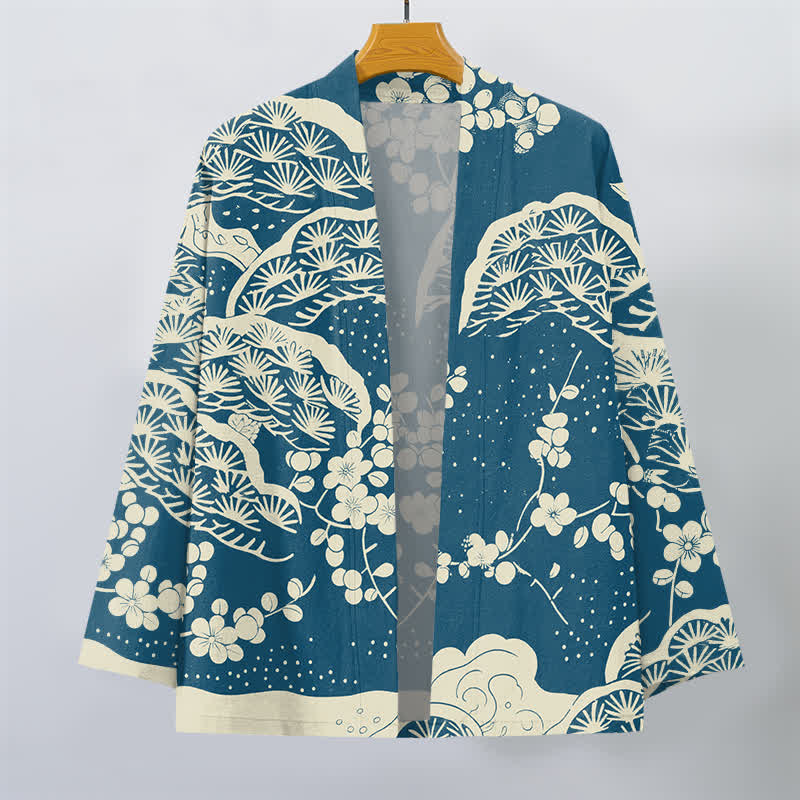 Buddha Stones Kimono für Herren aus Baumwolle mit Kiefern- und Pflaumenblütenmuster und offener Vorderseite - image 1
