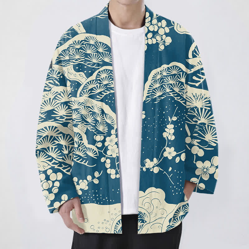 Buddha Stones Kimono für Herren aus Baumwolle mit Kiefern- und Pflaumenblütenmuster und offener Vorderseite - Türkis - US/UK/AU48, EU58 (4XL) - image 0