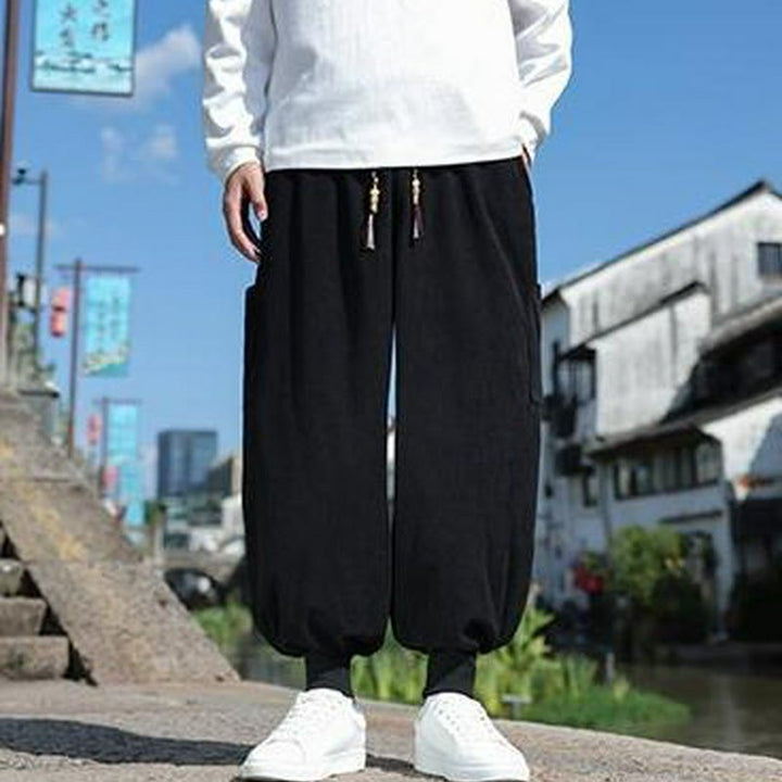 Buddha Stones Lässige Herrenhose mit aufgesetzter Tasche, Kordelzug, aufgesetzter Tasche, Knöchellänge, schmal zulaufend, für Herbst und Winter - image 13