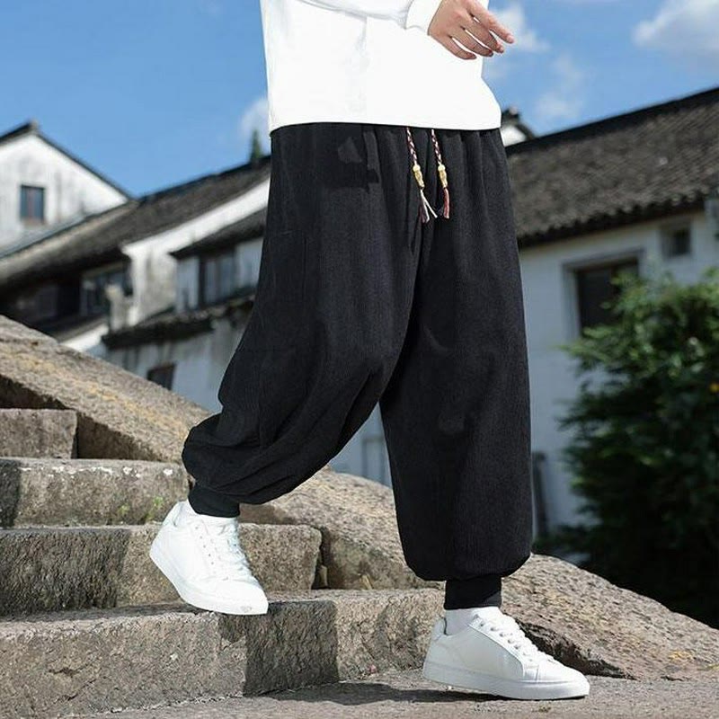 Buddha Stones Lässige Herrenhose mit aufgesetzter Tasche, Kordelzug, aufgesetzter Tasche, Knöchellänge, schmal zulaufend, für Herbst und Winter - image 14