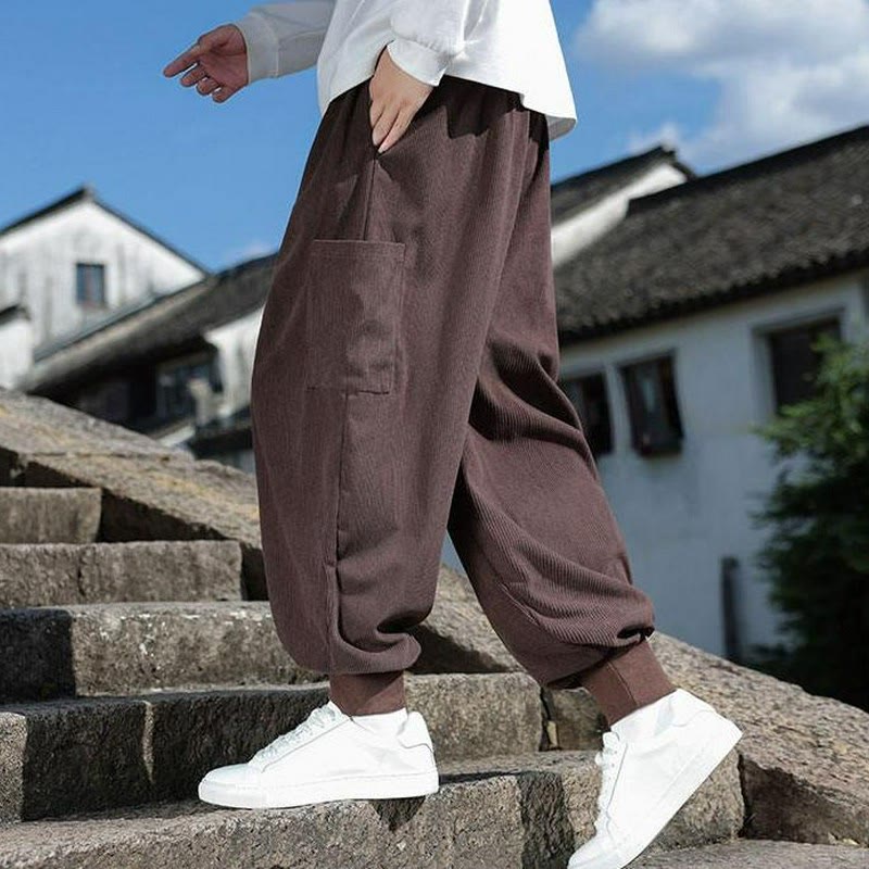 Buddha Stones Lässige Herrenhose mit aufgesetzter Tasche, Kordelzug, aufgesetzter Tasche, Knöchellänge, schmal zulaufend, für Herbst und Winter - image 10