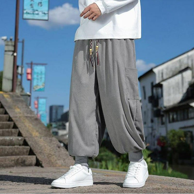 Buddha Stones Lässige Herrenhose mit aufgesetzter Tasche, Kordelzug, aufgesetzter Tasche, Knöchellänge, schmal zulaufend, für Herbst und Winter - image 21
